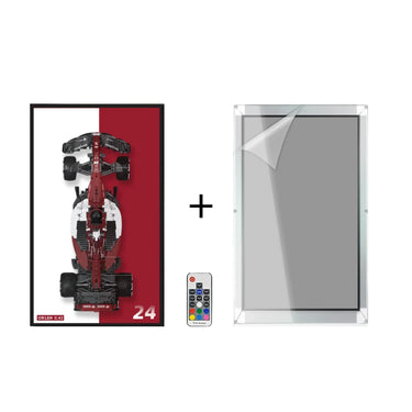 Top view of red and white race car model framed artwork with remote control and protective acrylic frame