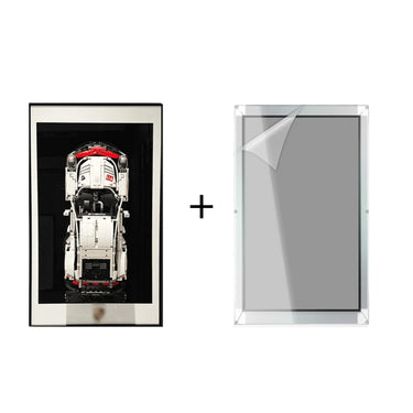 Framed top-down photo of a white and red car with plus symbol and clear acrylic photo frame with protective film