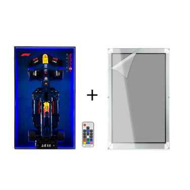Top view of illuminated Red Bull Racing F1 model car with RGB remote and acrylic display case
