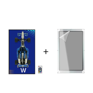 Blue and white racing car poster with remote control plus clear protective acrylic frame