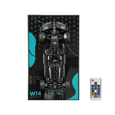 Top view of a LEGO Technic Mercedes-AMG Petronas W14 Formula 1 car model with remote control and 2023 season details