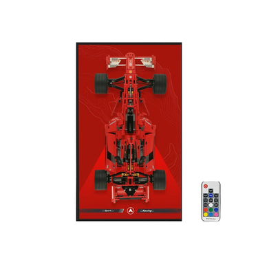 Top view of a red LEGO-style Formula 1 racing car model on a red background with remote control