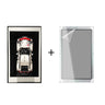 Top view of white and red LEGO Porsche 911 GT3 RS model in a black and white frame plus clear acrylic display case
