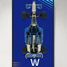 Top view of a detailed blue and white LEGO Formula 1 race car model on blue background with "VW" text