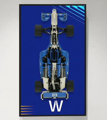 Top view of a detailed blue and white LEGO Formula 1 race car model on blue background with "VW" text