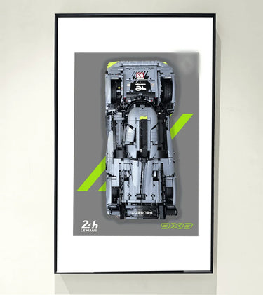 Framed poster of a detailed grey Peugeot 9X8 Le Mans race car model on a grey background with green accents