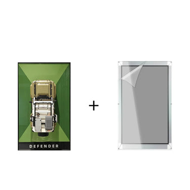 Top view of a LEGO Defender model in a green display case plus a transparent display frame with protective film