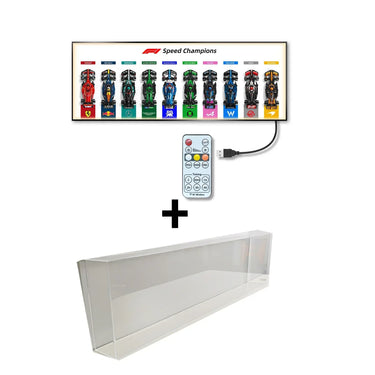 F1 Speed Champions light display with remote and clear acrylic display case, showing ten F1 cars top view