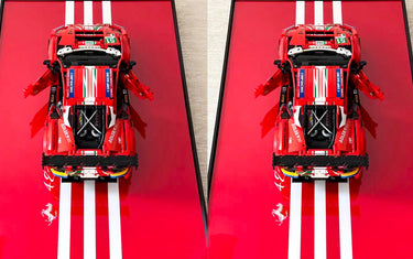 Top view of two red LEGO Ferrari race car models on red display boards with white stripes