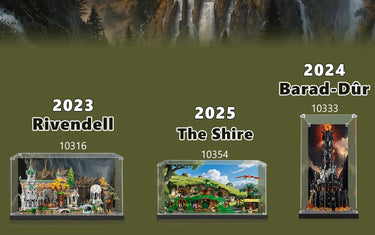 LEGO Lord of the Rings sets displayed in cases: Rivendell 2023, The Shire 2025, Barad-Dûr 2024 with set numbers