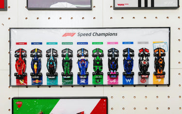 Framed F1 Speed Champions LEGO car models from Ferrari, Red Bull, Mercedes, Aston Martin, and others