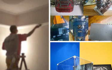 Blurred man on ladder painting wall and close-ups of detailed LEGO Star Wars spaceship models and display case with Star Wars helmet