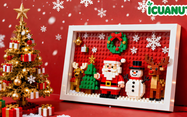 Christmas-themed LEGO scene with Santa, snowman, reindeer, wreath, and decorated tree with gifts