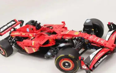 LEGO 42207 Ferrari SF-24 model showcasing adjustable rear wing, V6 engine mechanism, and red carbon fiber details.
