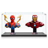 LEGO Marvel Spider-Man and Iron Man busts displayed in a clear acrylic case on black base