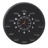 Black round wall clock with white numbers, inner hour words, and wooden hands showing 12:25