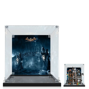 LEGO Batman Arkham Asylum set displayed in clear protective cases with dark blue Arkham Asylum backdrop