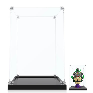 Two clear acrylic display cases with black bases, one large empty and one small with a colorful toy figure