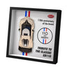 Framed LEGO-style model of classic Bugatti EB110 car with 110th anniversary tribute text and red-blue stripes