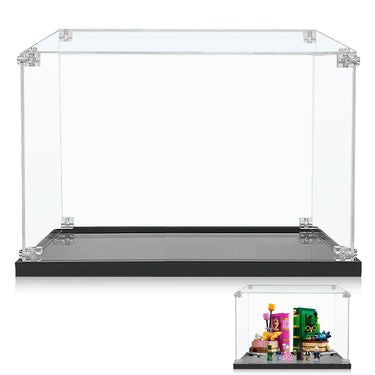 Clear acrylic display case with black base, perfect for showcasing collectibles or models