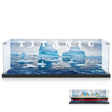 Titanic Liverpool model in clear acrylic display case with iceberg ocean backdrop
