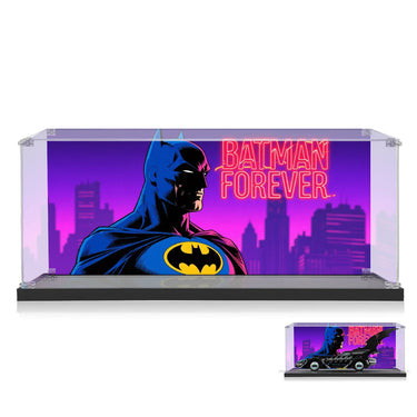 Batman Forever display case with neon text and Gotham City skyline background