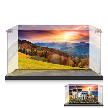 Clear acrylic display case with vibrant autumn mountain background and LEGO castle model inside