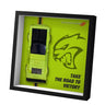 Framed lime green sports car model with aggressive panther logo and text 'Take the road to victory'
