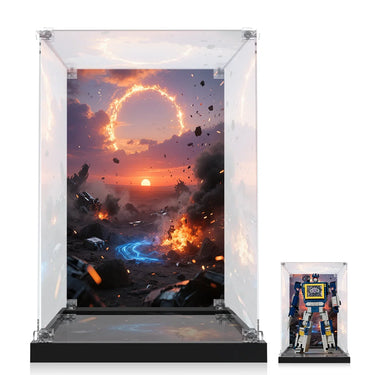 Clear display case with vibrant sunset battlefield scene and blue fiery path, small robot figure inside
