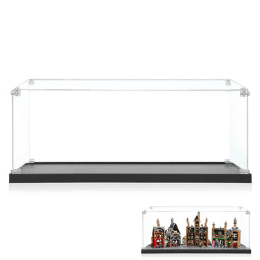 Clear acrylic display case with black base for LEGO modular building sets protection
