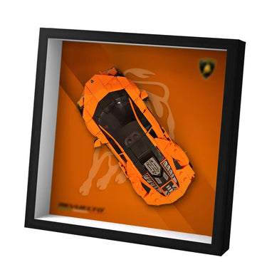 Lego orange Lamborghini model car in black frame with orange background and Lamborghini logo