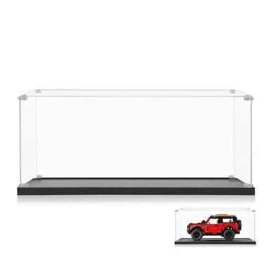 Clear acrylic display case with black base for collectible models or toys, shown with a red model car
