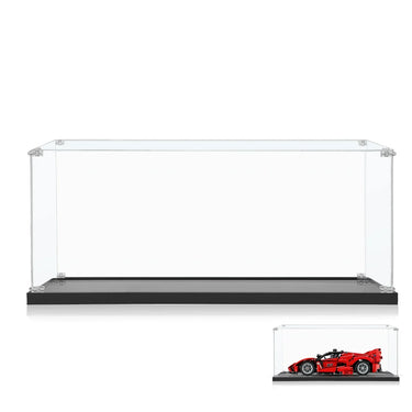Clear acrylic display case with black base for showcasing models or collectibles