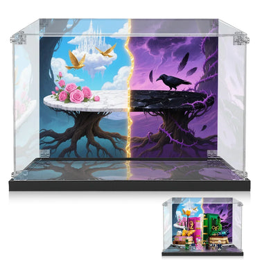 Dual fantasy scene with floating marble platform bearing roses and golden birds on blue side, cracked platform with raven and purple thorns on dark side inside clear protective display case