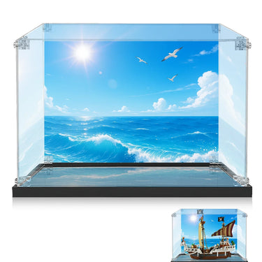 Clear acrylic display case with ocean wave backdrop and flying seagulls for model ships