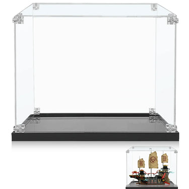 Clear acrylic display case with black base and corner fasteners designed for collectibles