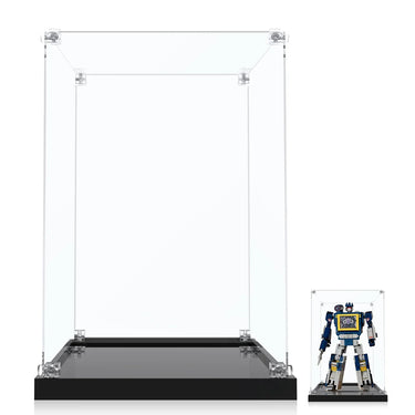 Clear acrylic display case with black base for action figures or collectibles shown with robot figure example