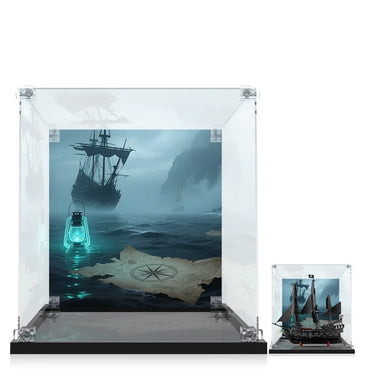 Pirate ship model in transparent display case with ocean, lantern, and treasure map background