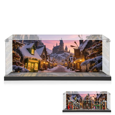 LEGO Harry Potter winter village with snowy snow-covered shops, Christmas lights, and Hogwarts castle backdrop