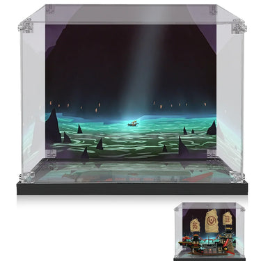 Transparent display case showcasing a detailed model ship with glowing green ocean and rocky background