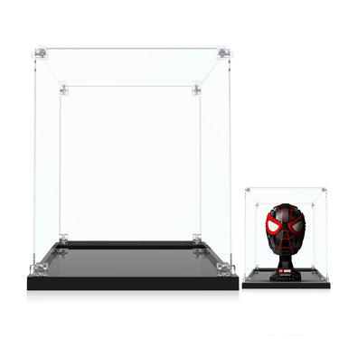 Clear acrylic display cases with black bases, one empty and one holding a LEGO Marvel Miles Morales Spider-Man helmet