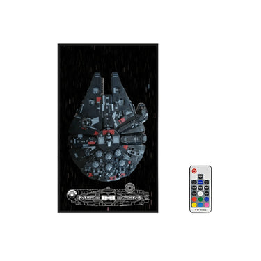 LEGO Millennium Falcon model with top and side views on black background and wireless remote control