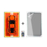 Orange GT3 RS model car on illuminated display frame with remote control and clear protective cover