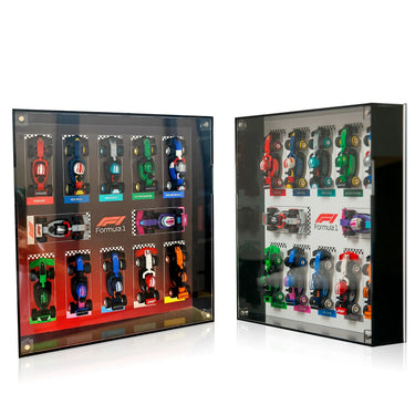 Display case with 12 colorful Formula 1 miniature race cars representing Ferrari, Red Bull, Mercedes, Aston Martin, and more