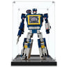 LEGO Transformer Soundwave figure in blue and gray, displayed in clear acrylic case on black base