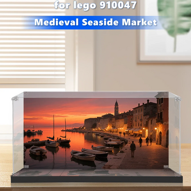 Medieval seaside market LEGO 910047 display case with sunset harbor and boats scene