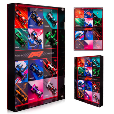 F1 race car collectibles display with miniature cars of Ferrari, Red Bull, Mercedes and others in vivid backgrounds