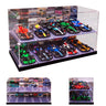 Clear acrylic display case with two tiers showcasing 12 detailed miniature Formula 1 cars on race track slots