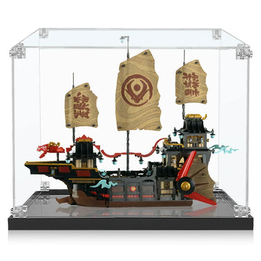 Display case with detailed LEGO Ninjago pirate ship model featuring sails and red propeller