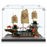 Display case with detailed LEGO Ninjago pirate ship model featuring sails and red propeller